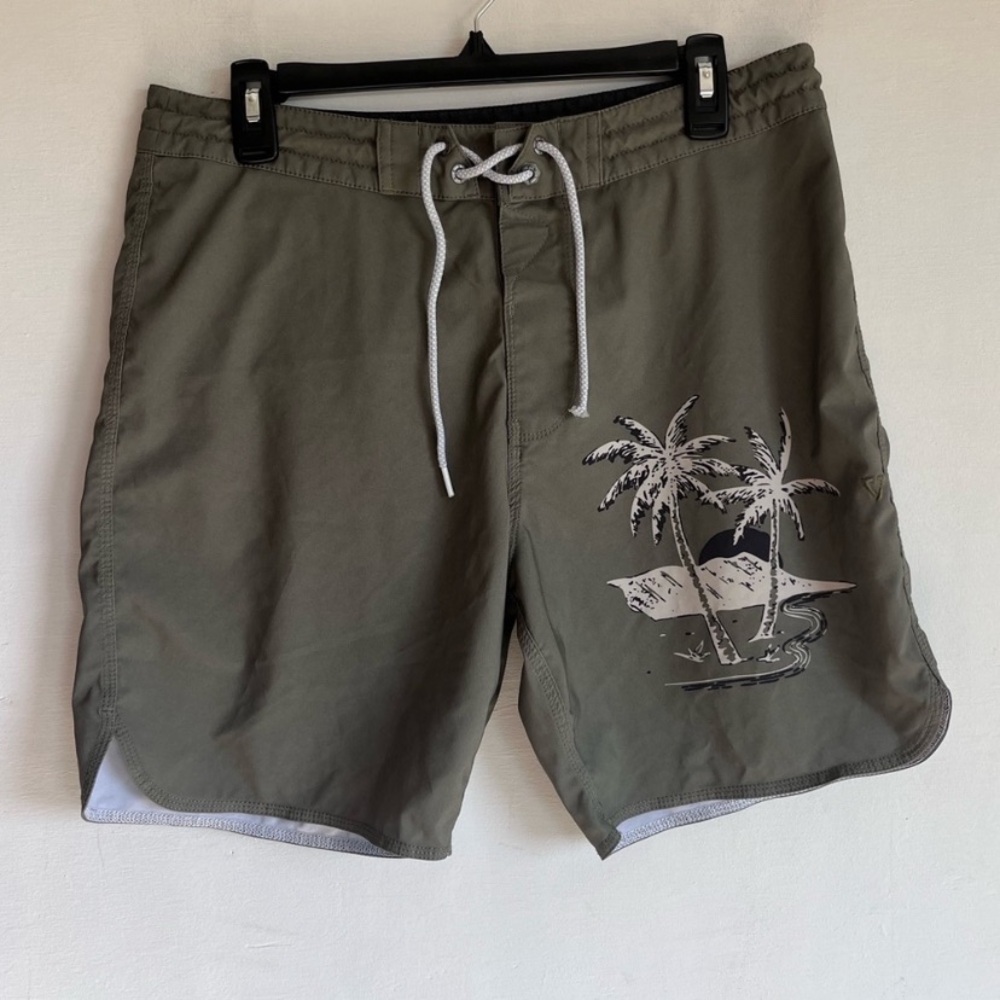 VISSLA Olive Green Board Shorts with Palm Tree Design